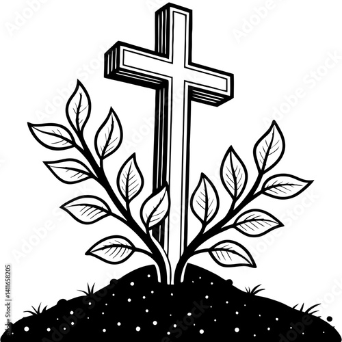 Cross Surrounded by Green Leaves Emerging from Earth for Spiritual and Nature Themes