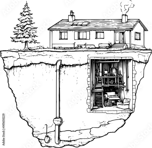 Underground building blueprint line art, Underground building vector illustration