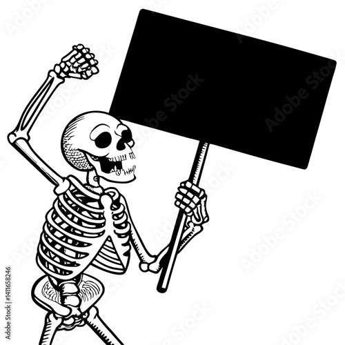 Cheerful Skeleton Holding Blank Sign for Protest or Decoration Design