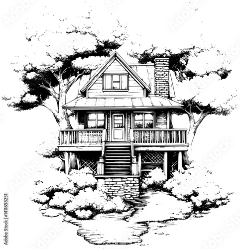 Blueprint design of Tree house, Tree house line art vector illustration