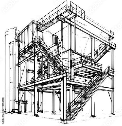 Waste processing plant blueprint line art, Waste processing plant vector illustration