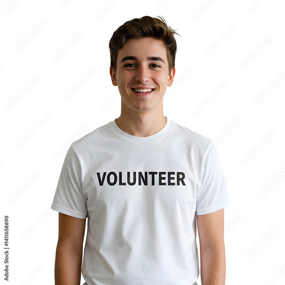 Smiling Young Man Volunteer in White T-Shirt on Transparent Background Smiling Young Man Volunteer in White T-Shirt on Transparent Background
