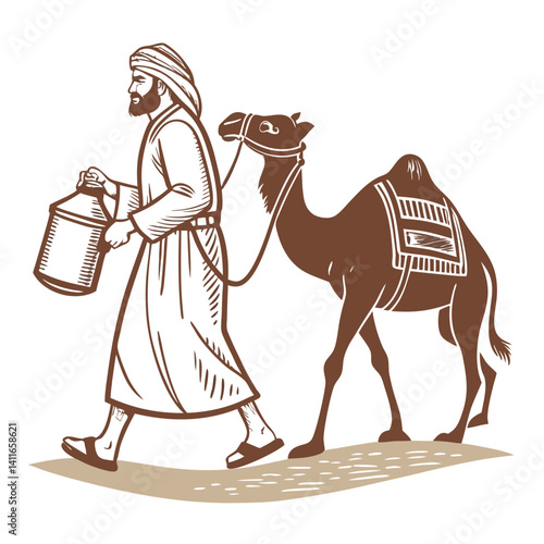 Bedouin Man Walking with Camel Carrying Milk Container Traditional Heritage Illustration