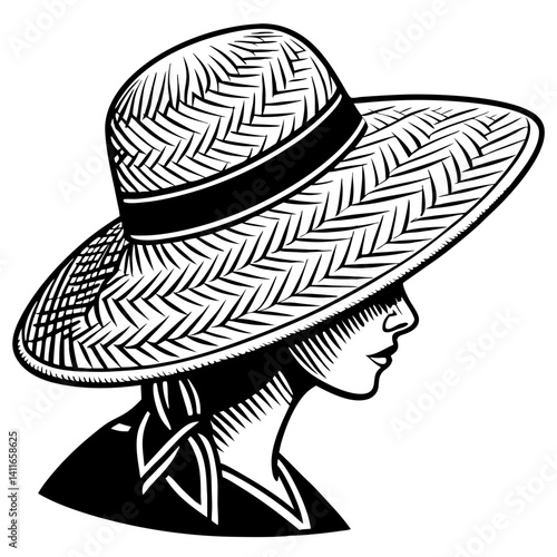 Elegant Woman in Wide-Brimmed Straw Hat Profile Illustration for Fashion Decor and Tattoos