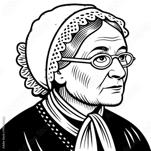 Vintage Portrait of an Elderly Woman with Glasses and Bonnet Perfect for Tattoo and Coloring Designs