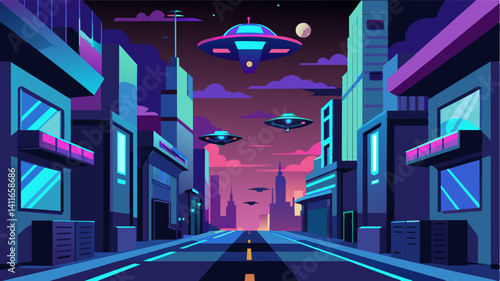 Neon lights illuminated the streets while eVTOLs zipped by overhead giving the tech hub a futuristic feel.. Vector illustration