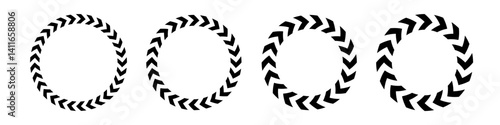 Chevron arrow circles set. Chevron shape round frame. Motion direction road border. Triangle arrow sign. Warning repeat stripe. Circle arrow icon. Vector illustration isolated on white background.
