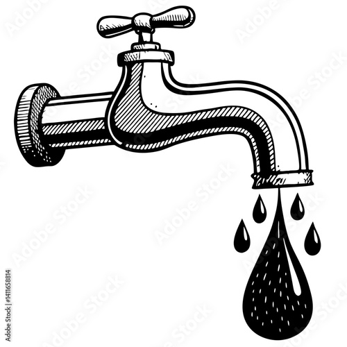 Illustration of Vintage Water Faucet with Dripping Water Realistic Hand-Drawn Style