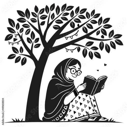 Girl Reading Under a Tree with Decorative Lights Beautiful Reading Scene for Relaxation