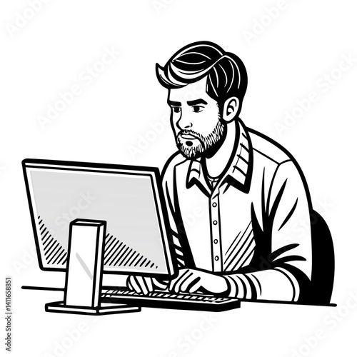Focused Man Typing on Computer for Remote Work Illustration for Digital Projects