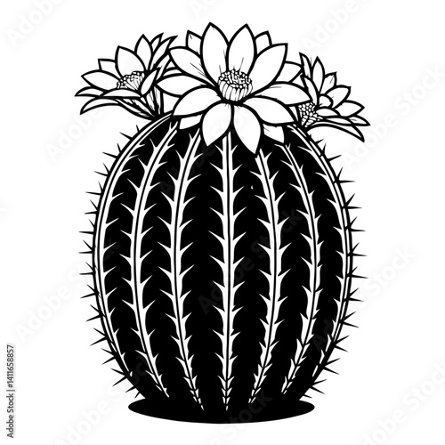 Detailed Black and White Cactus Illustration with Flowers Ideal for Tattoo Designs and Coloring Books