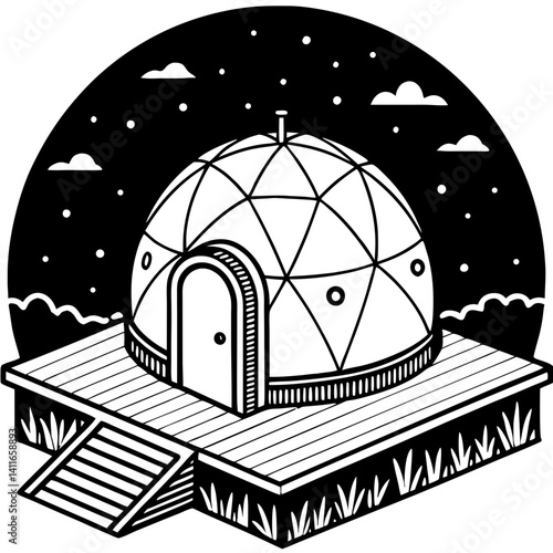 Geodesic Dome on Wooden Deck Under Starry Night Sky for Eco-Friendly Architecture Inspiration