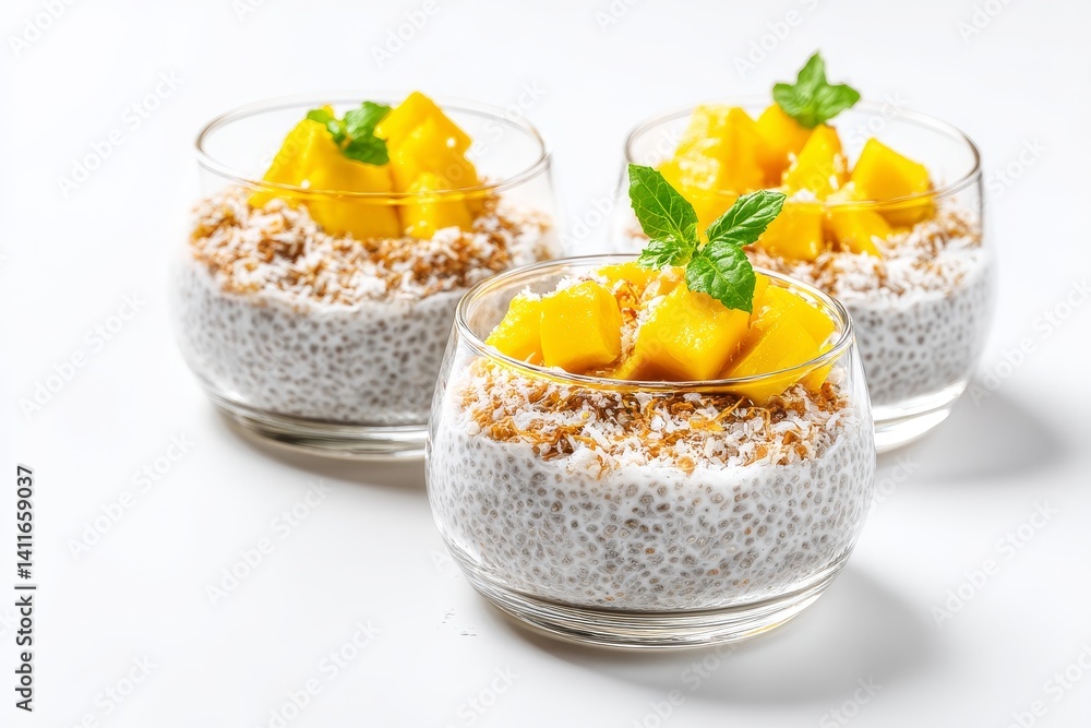 Creamy Coconut Chia Pudding with Fresh Mango Chunks and Mint, Served in Elegant Glass Cups for a Refreshing and Healthy Dessert Option Creamy Coconut Chia Pudding with Fresh Mango Chunks and Mint, Served in Elegant Glass Cups for a Refreshing and Healthy Dessert Option
