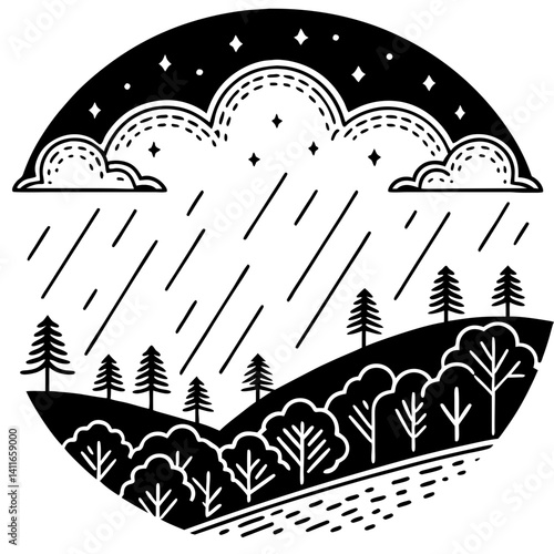 Nature Landscape Illustration with Clouds Rain Trees Hills Starry Night Sky