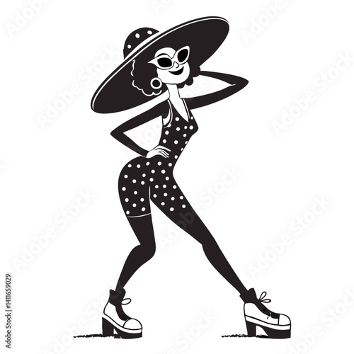 Chic Vintage Fashionable Woman in Polka Dot Dress with Oversized Hat and Sunglasses Pose
