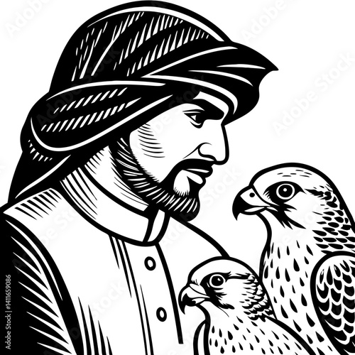 Falconry Enthusiast with Falcons Traditional Arabic Heritage Vector Illustration