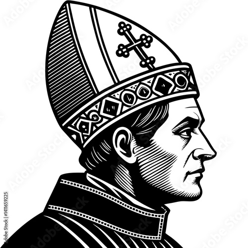 Papal Figure Profile Illustration for Religious Art Tattoo Design and Coloring Book Pages