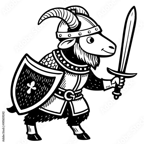 Valiant Goat Warrior in Armor with Sword and Shield Illustration for Kids Designs