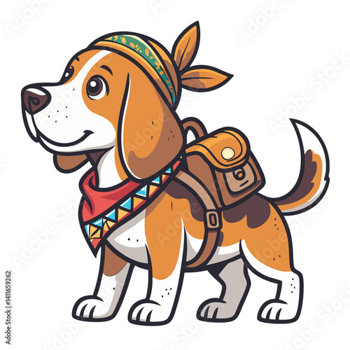 Adventurous Beagle Dog Character with Backpack and Bandana Fun Pet Illustration