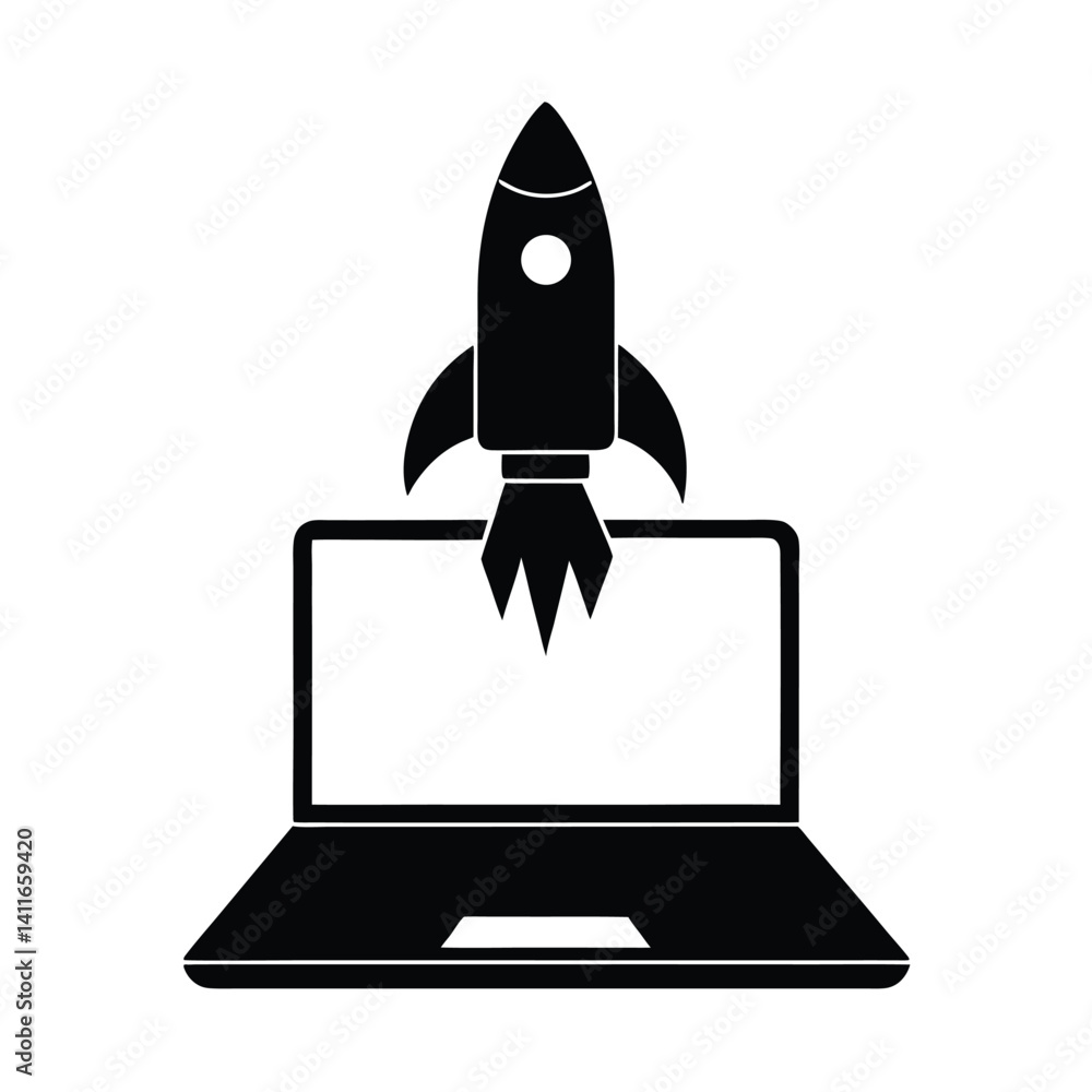 Laptop with Rocket, Symbolizing Startup or Innovation Laptop with Rocket, Symbolizing Startup or Innovation