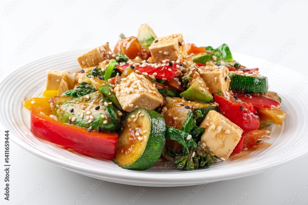 Colorful Vegetable Stir-fry with Tofu and Sesame Seeds Served on a White Plate Ready to Delight and Nourish Healthy Eating Enthusiasts Colorful Vegetable Stir-fry with Tofu and Sesame Seeds Served on a White Plate Ready to Delight and Nourish Healthy Eating Enthusiasts