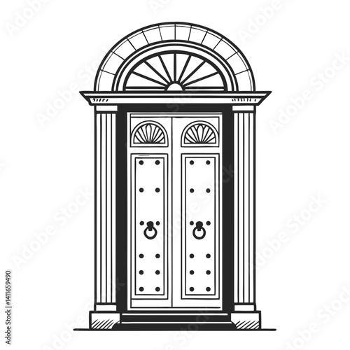 Elegant Classic Double Doors with Decorative Arch and Columns Perfect for Home Decoration