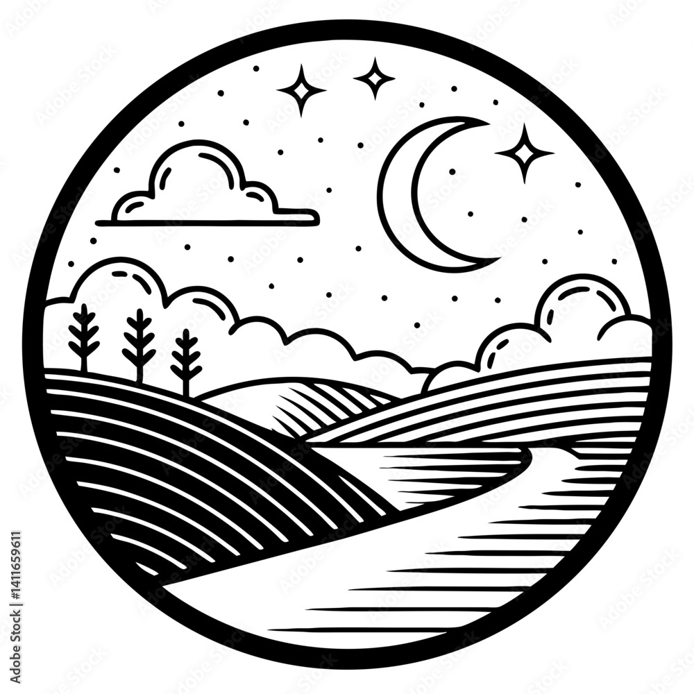Fototapeta premium Scenic Night Landscape with Moon Stars Rolling Hills and Clouds for Tattoo Design or Coloring Book