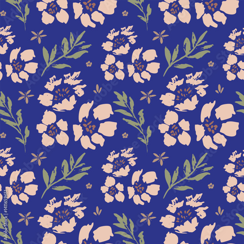 Modern and bold vector seamless pattern with large scale pink flowers on dark blue background. Hand-drawn in doodle style. Textile, background, packaging.