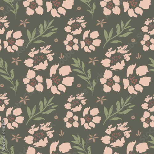 Modern vector seamless pattern with large scale pink flowers on dark boho green background. Hand-drawn in doodle style. Textile, background, packaging.
