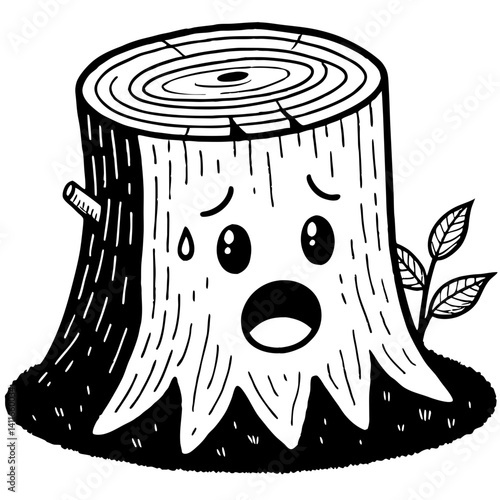 Cute Cartoon Tree Stump Character with Face and Sad Expression for Coloring Books and Crafts
