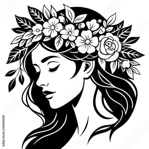 Elegant Profile of a Woman with Floral Crown and Flowing Hair for Art Design and Tattoos