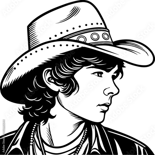 Cowboy Hat Portrait of a Young Man with Stylish Hair for Tattoo and Coloring Book Design