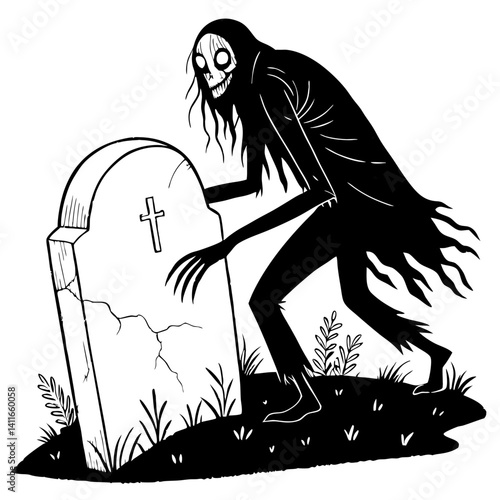 Creepy Ghostly Figure Haunting a Gravestone Spooky Design for Halloween Decorations