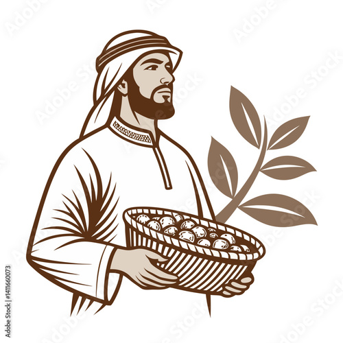 Arab Man Holding Basket of Dates with Leafy Design for Cultural and Culinary Illustrations