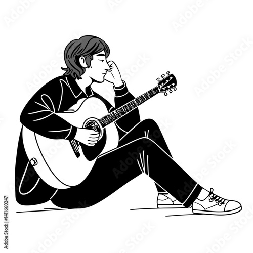 Melodic Guitarist in Contemplation Introspective Musician Playing Acoustic Guitar