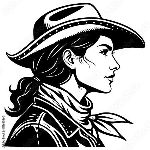 Cowgirl Profile Silhouette Vintage Style Illustrative Design for Apparel or Tattoo Art