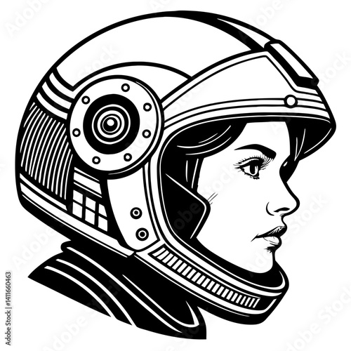 Futuristic Female Astronaut Profile in Retro Space Helmet Stylish Graphic Design