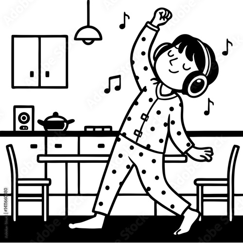 Happy Child Dancing in Kitchen with Headphones in Cozy Pajamas Enjoying Music