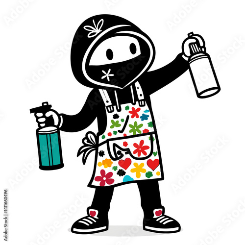 Creative Ninja in Colorful Apron Holding Spray Cans Design for Street Art and Urban Culture