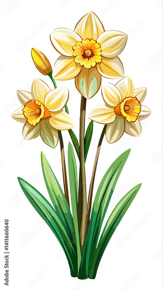 Vibrant Daffodils Blossom with Green Stems and Leaves on Trensprent Background png Vibrant Daffodils Blossom with Green Stems and Leaves on Trensprent Background png