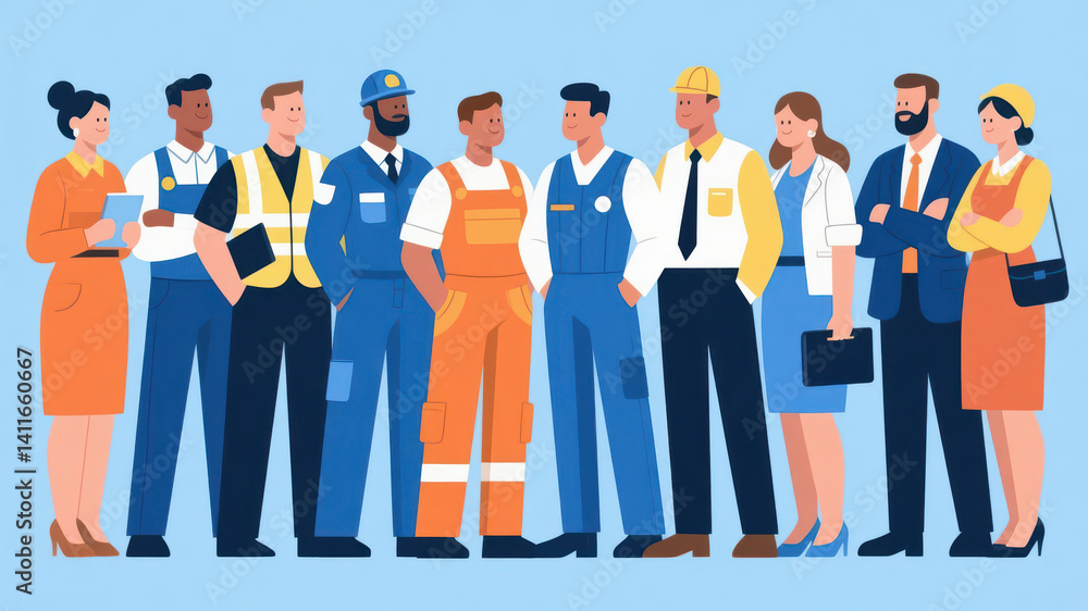 Labor Day: Mixed Professions Gather to Highlight Teamwork and Societal Integration. Labor Day: Mixed Professions Gather to Highlight Teamwork and Societal Integration.