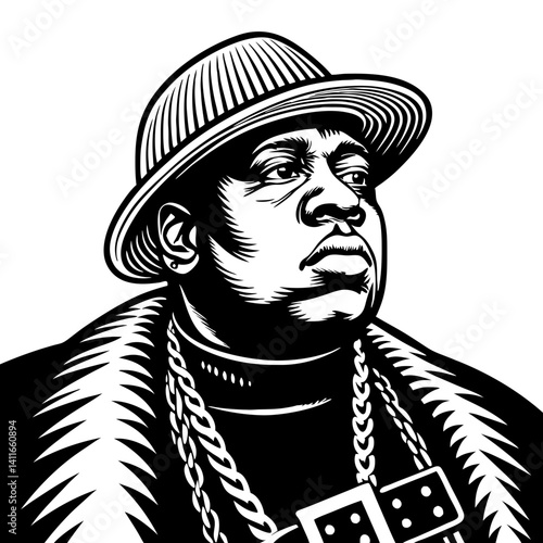 Bold Black and White Portrait of a Hip Hop with Stylish Hat and Chains for Design Projects