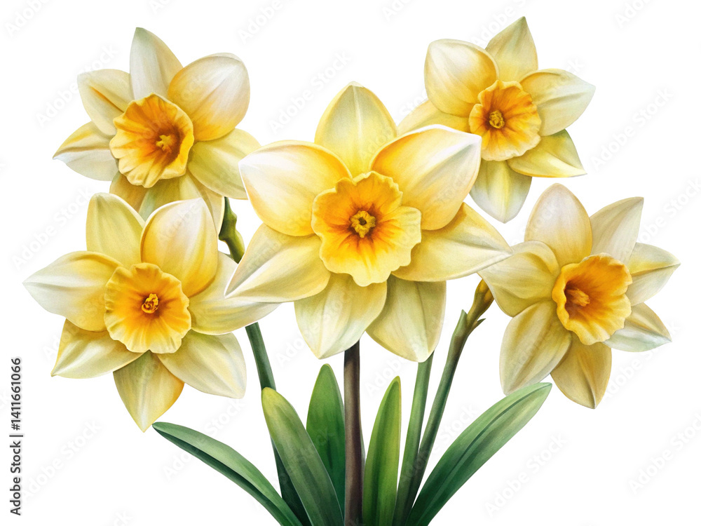 Obraz premium Elegant bouquet of watercolor daffodils on a white backdrop, spring is here