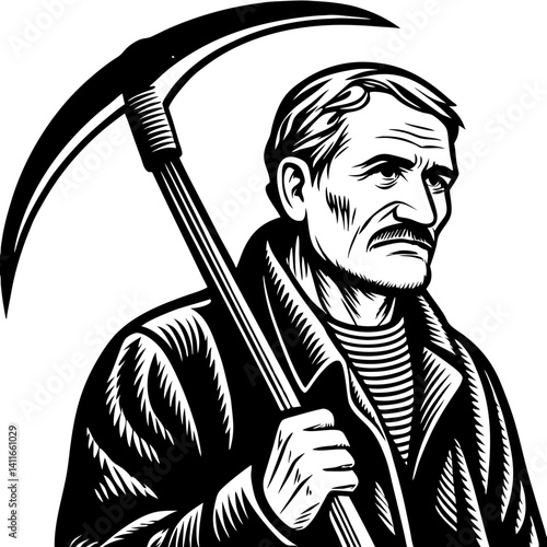 Determined Worker Holding Pickaxe in Traditional Attire for Tattoo Design and Illustrations