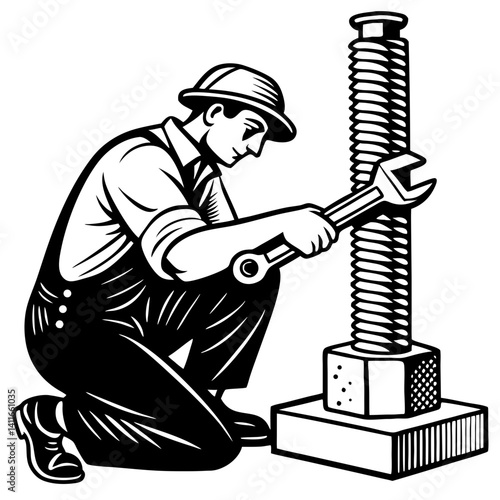 Mechanic Working on a Large Bolt with Adjustable Wrench Retro Style Illustration