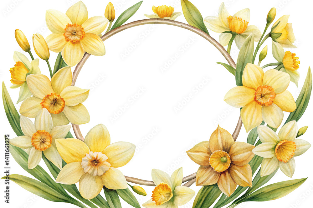 Fototapeta premium Watercolor floral wreath with yellow daffodils for spring designs and decoration