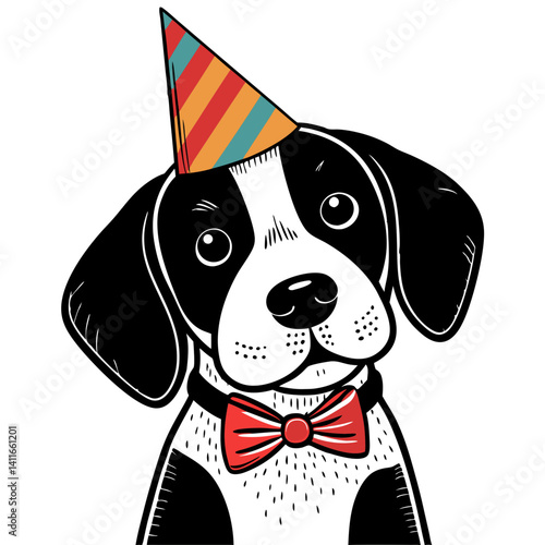 Festive Party Dog with Bow Tie and Birthday Hat Cartoon Illustration for Fun Designs