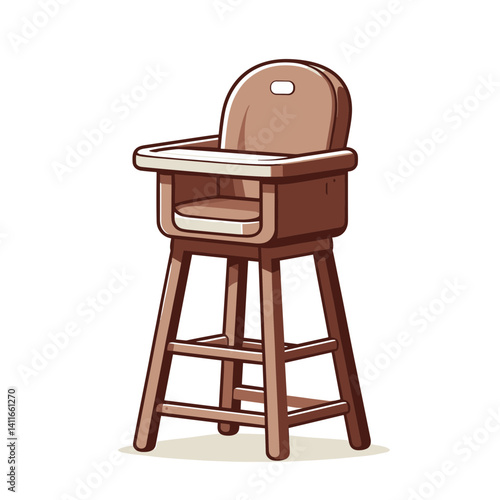 Traditional wooden high chair with brown seat and tray. Ideal for nursery furniture, vintage baby equipment, and classic home decor concepts.