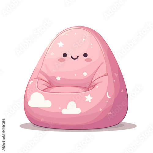Cute pink bean bag chair with kawaii face and cloud pattern. Perfect for children's room decor, playroom furniture, and cozy comfort zone design.
