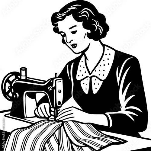 Vintage Seamstress Using Sewing Machine Creating Clothing Design for Fashion and Crafts